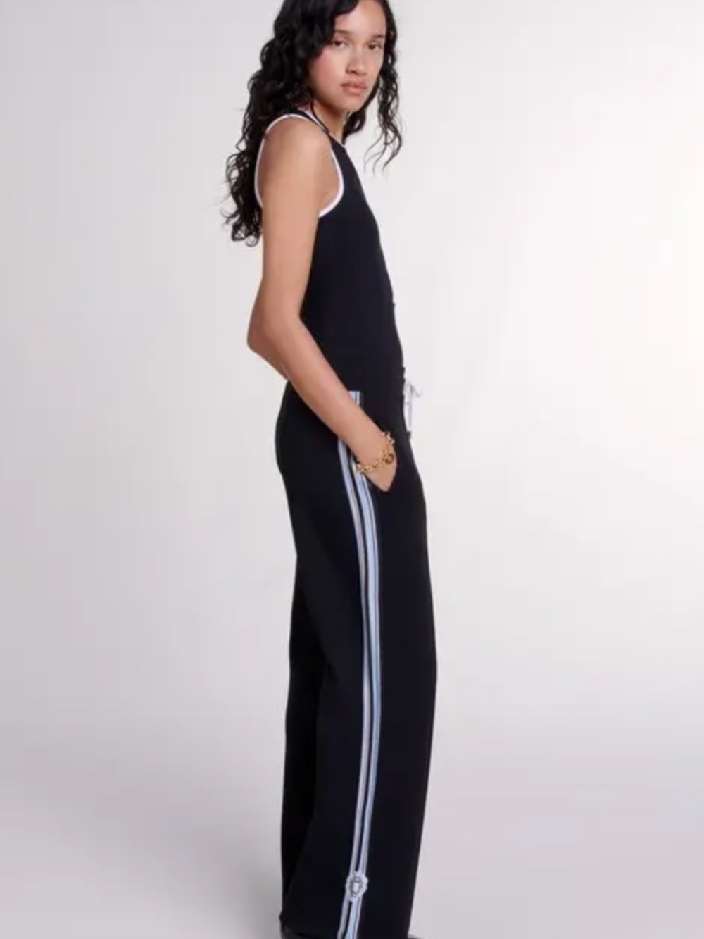 MAJE Striped Wide-Leg Track Pants, Black, Side Stripe, Size Small, FR 36